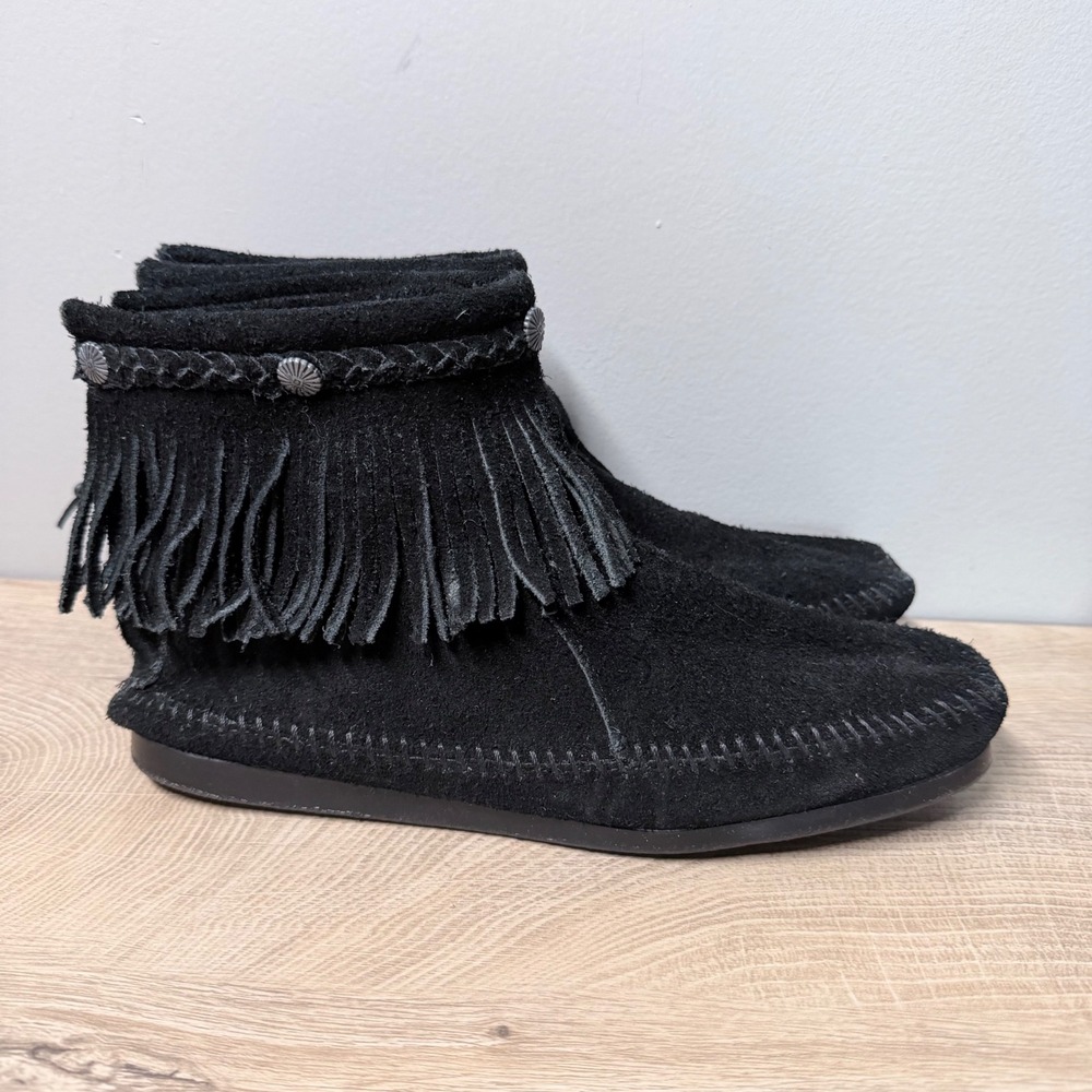 Minnetonka Back Zip Ankle Boots Women 11 Black Suede Fringe Concho Boho Moccasin